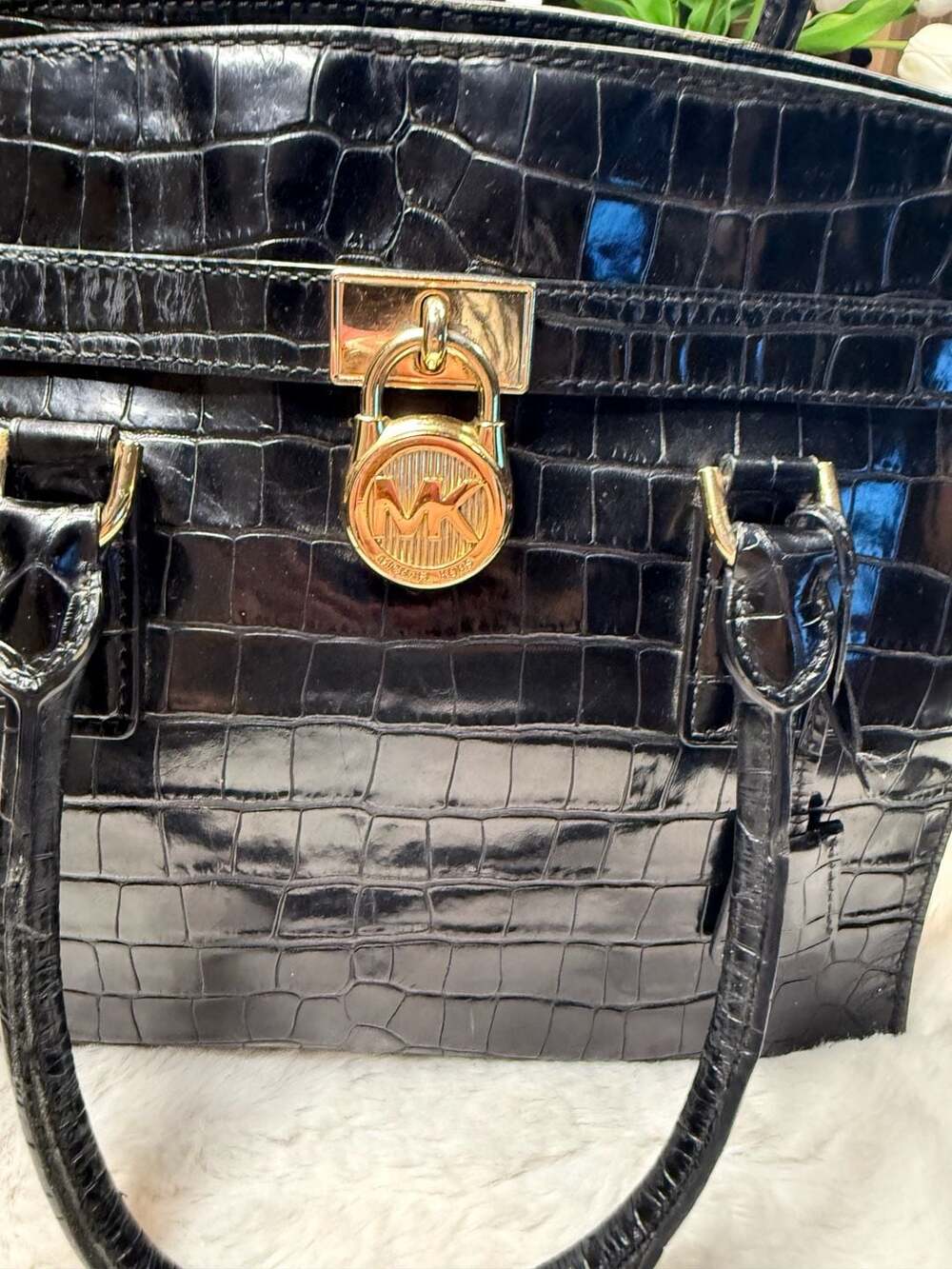 Michael Kors Hamilton Crocodile-Embossed Satchel with Chain Strap